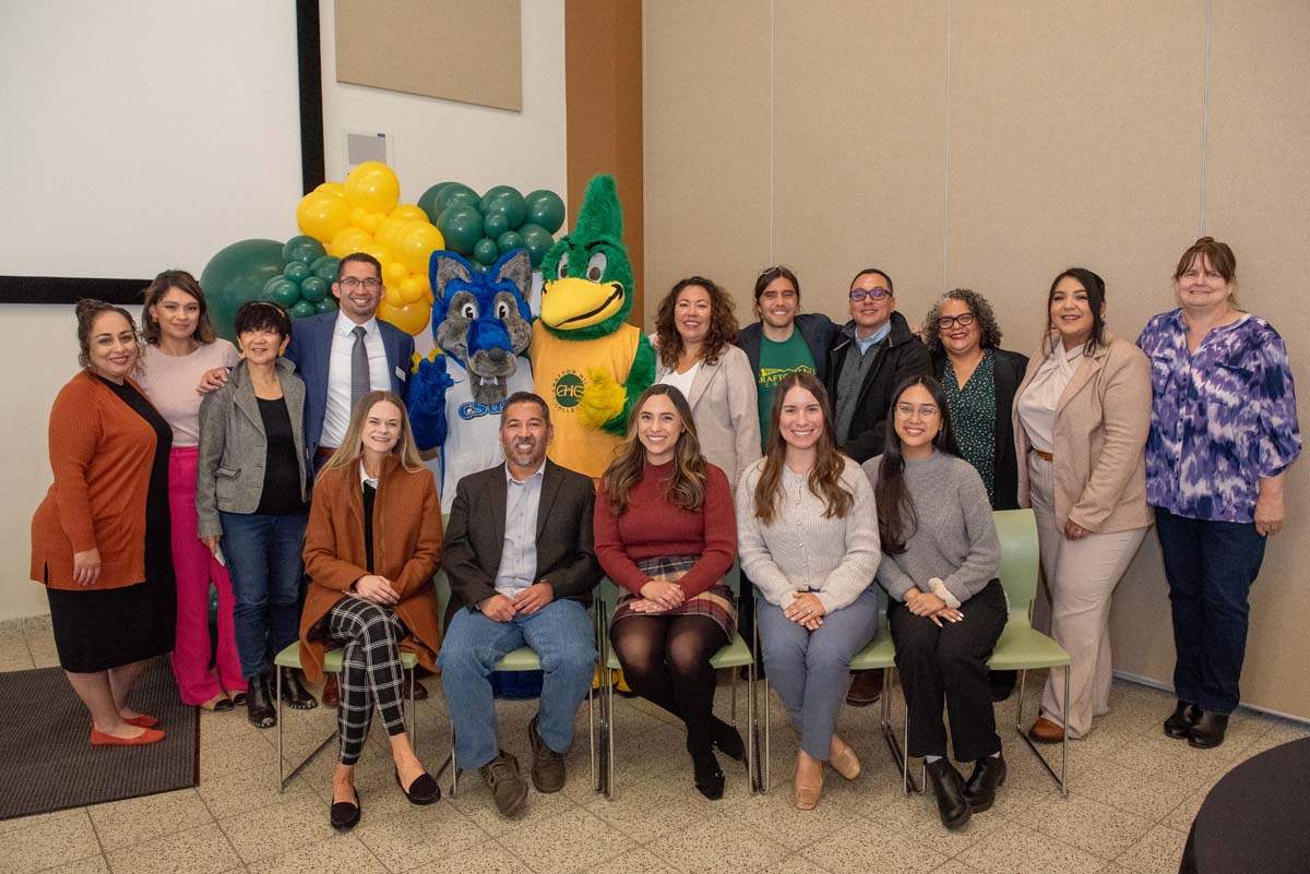 Mascots at the CSUSB CHC Coyotes on the Horizon MOU Signing Ceremony.
