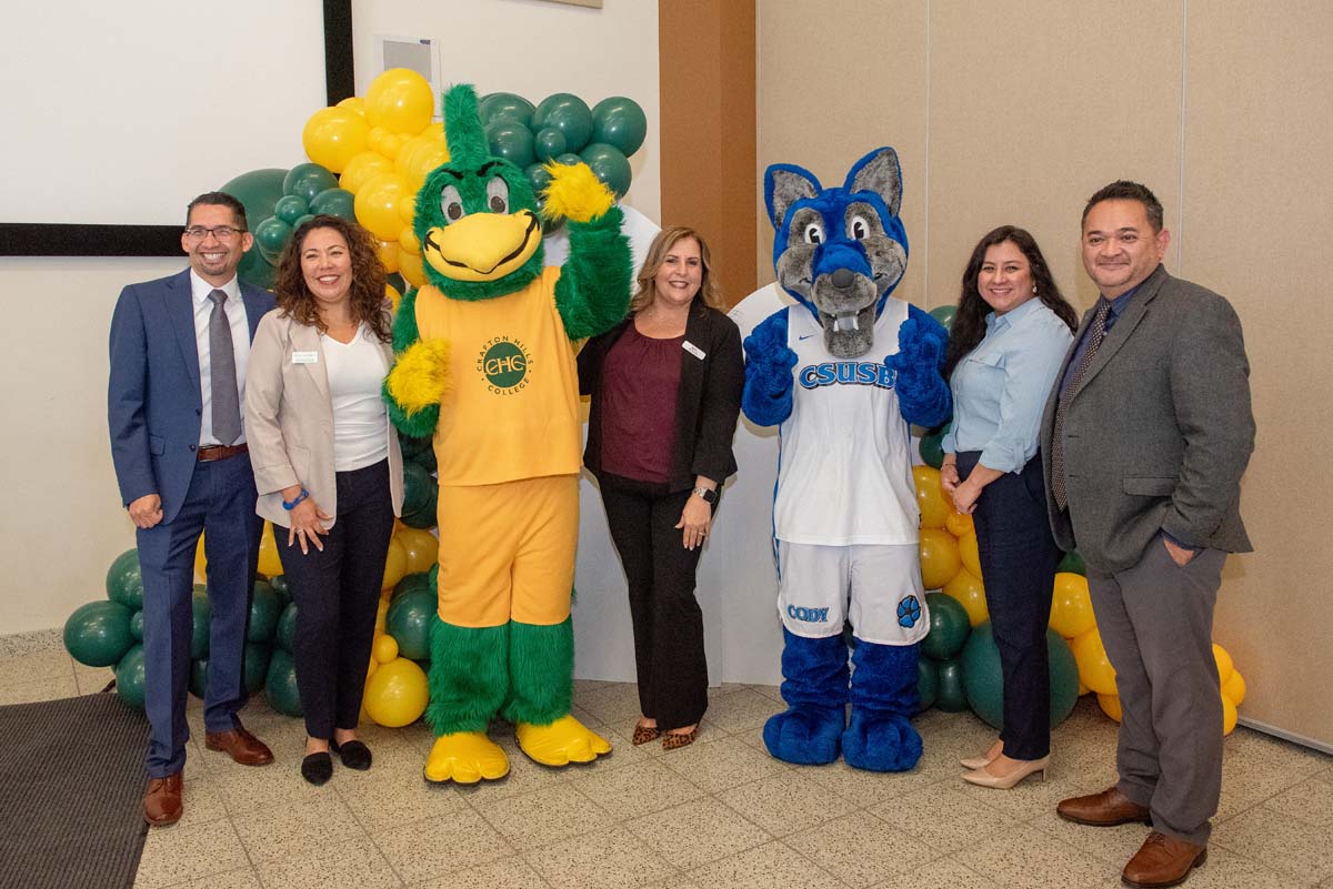 Mascots at the CSUSB CHC Coyotes on the Horizon MOU Signing Ceremony.