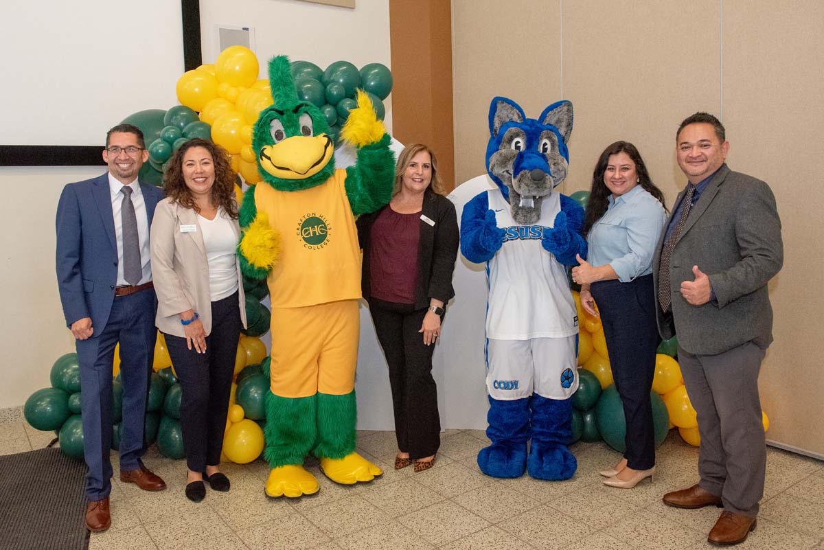 Mascots at the CSUSB CHC Coyotes on the Horizon MOU Signing Ceremony.