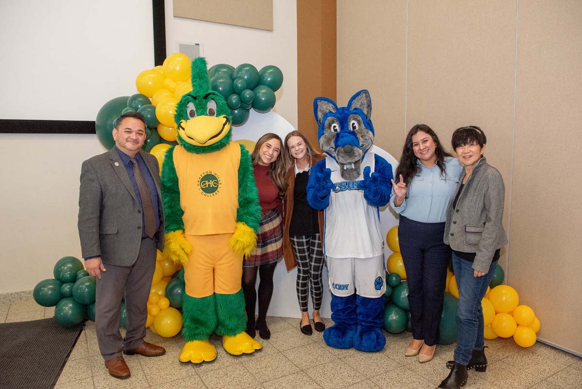 Mascots at the CSUSB CHC Coyotes on the Horizon MOU Signing Ceremony.