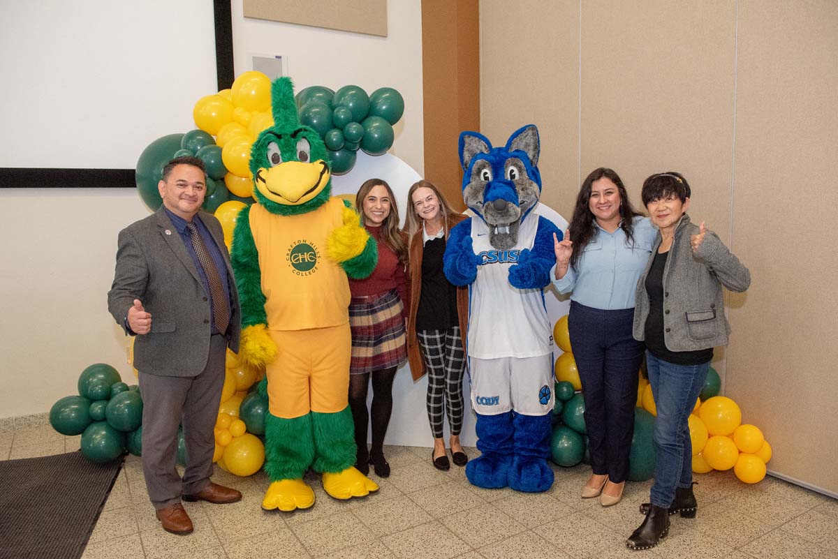 Mascots at the CSUSB CHC Coyotes on the Horizon MOU Signing Ceremony.