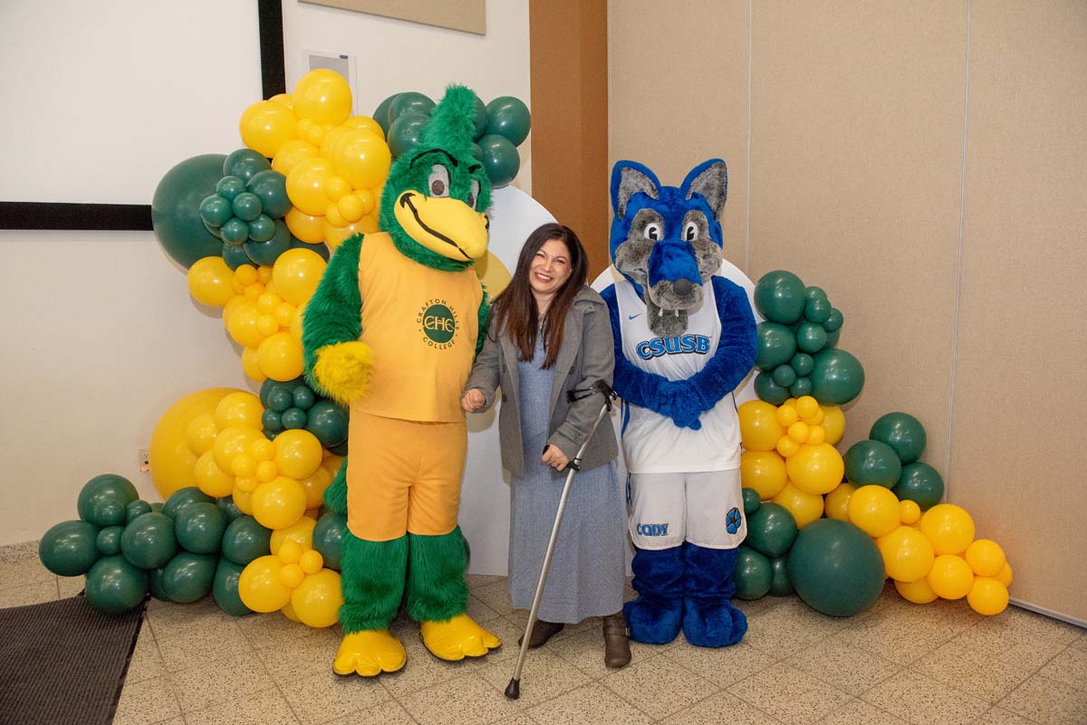 Mascots at the CSUSB CHC Coyotes on the Horizon MOU Signing Ceremony.