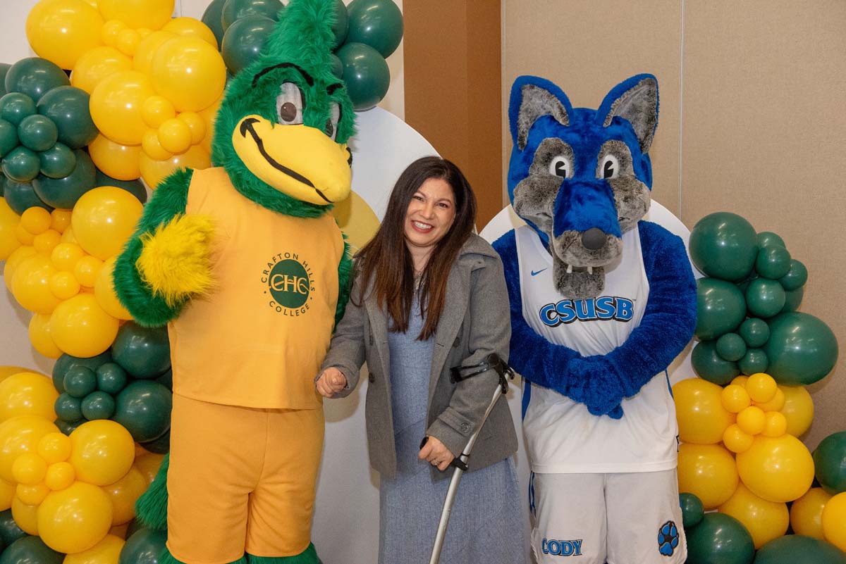 Mascots at the CSUSB CHC Coyotes on the Horizon MOU Signing Ceremony.