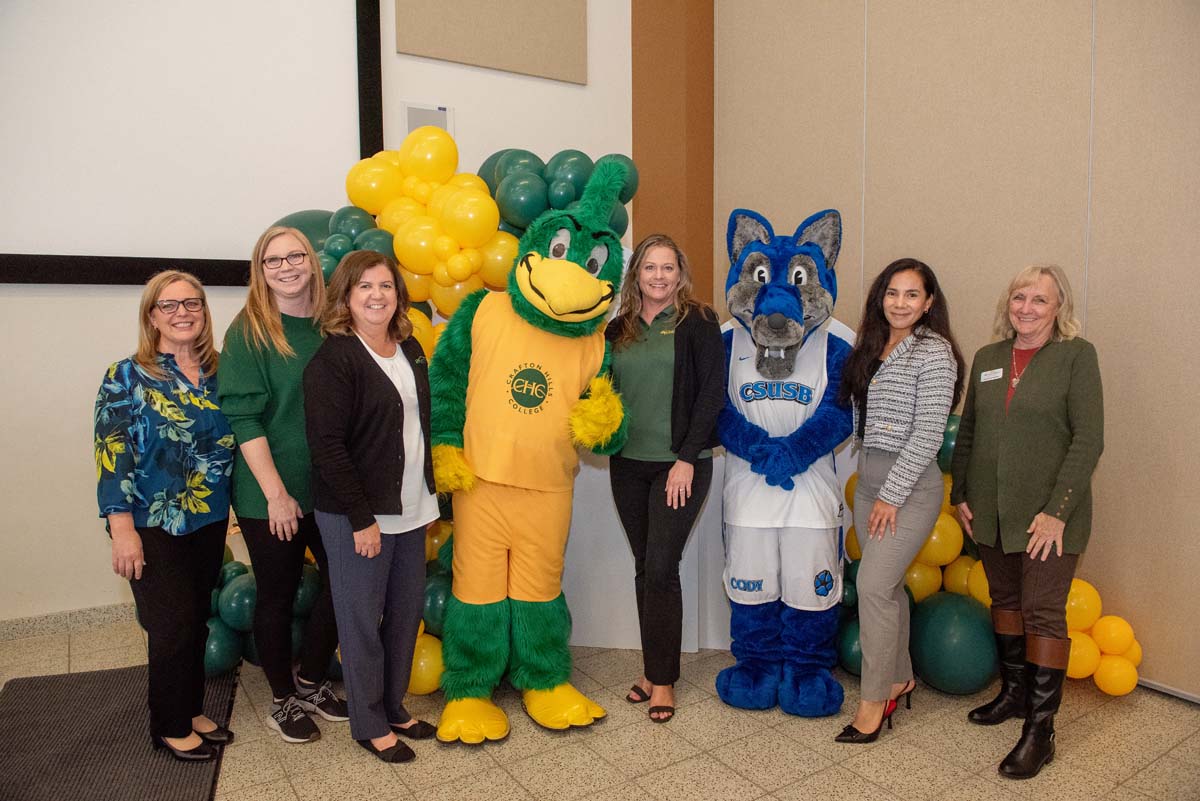 Mascots at the CSUSB CHC Coyotes on the Horizon MOU Signing Ceremony.