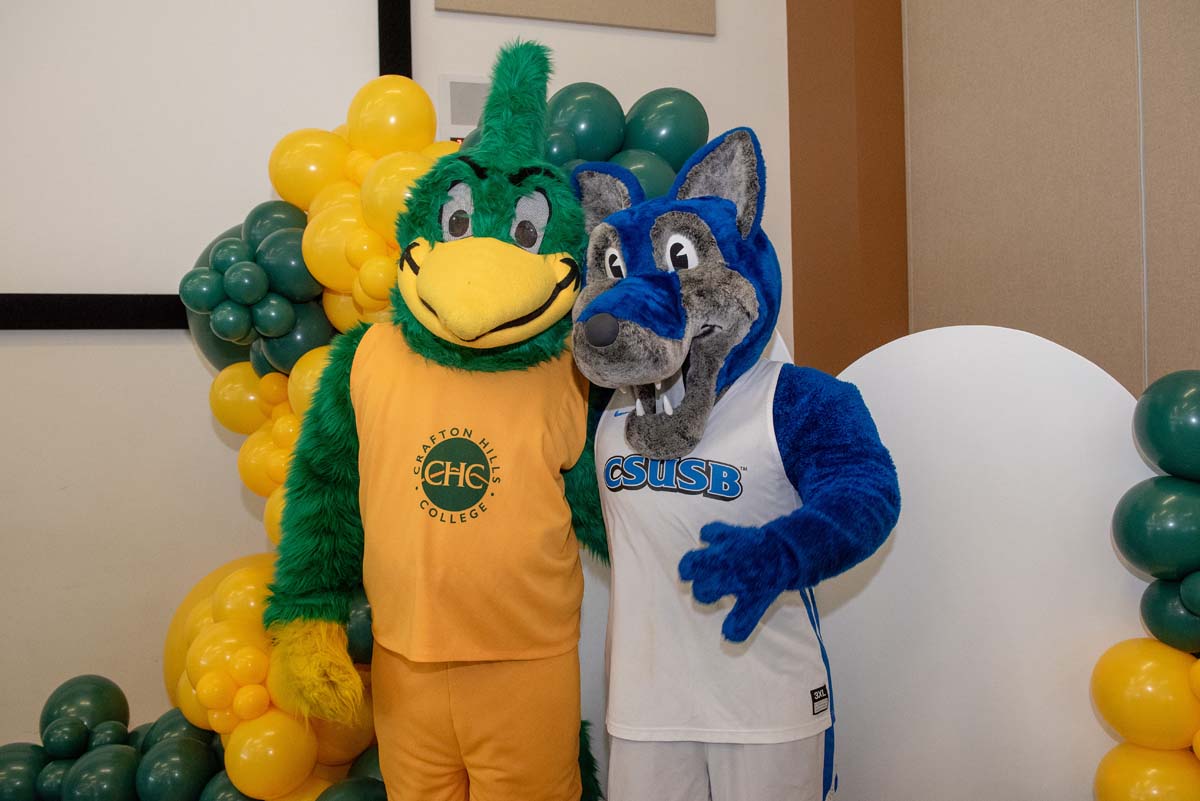 Mascots at the CSUSB CHC Coyotes on the Horizon MOU Signing Ceremony.