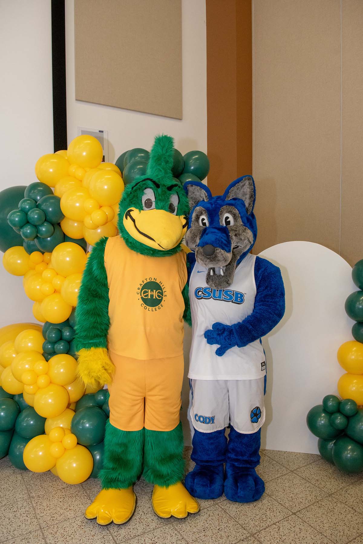 Mascots at the CSUSB CHC Coyotes on the Horizon MOU Signing Ceremony.
