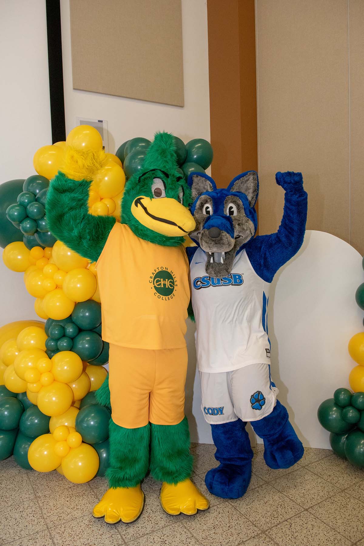 Mascots at the CSUSB CHC Coyotes on the Horizon MOU Signing Ceremony.