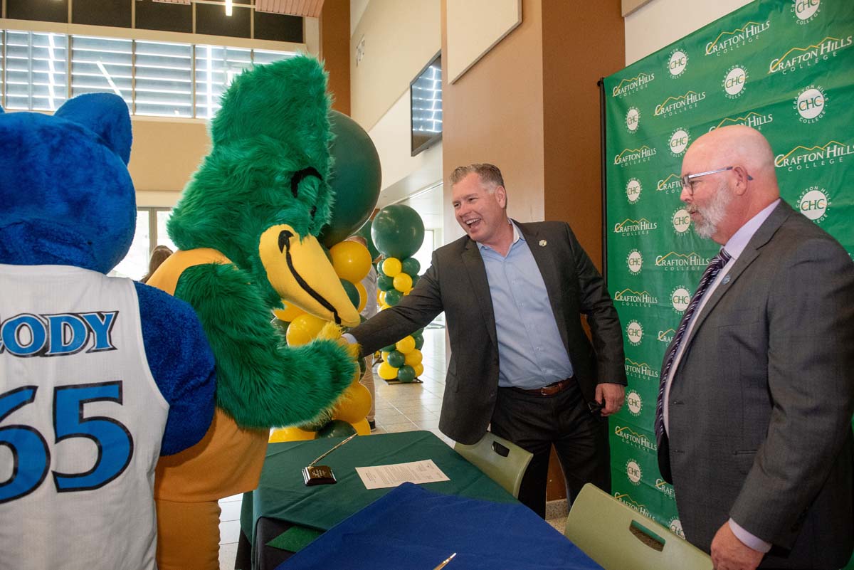Mascots at the CSUSB CHC Coyotes on the Horizon MOU Signing Ceremony.
