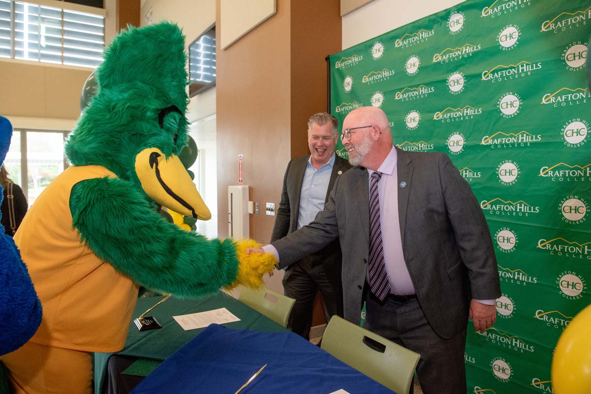 Mascots at the CSUSB CHC Coyotes on the Horizon MOU Signing Ceremony.