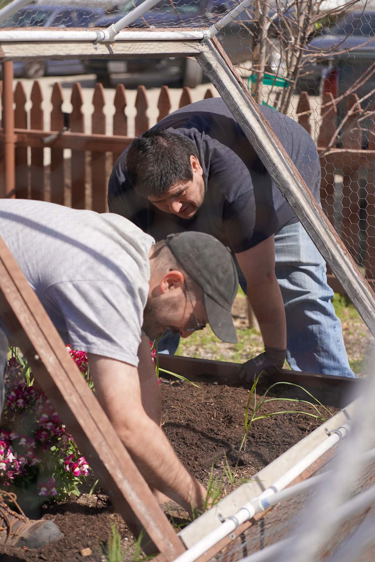 Students attend the planting party at the CHC garden.