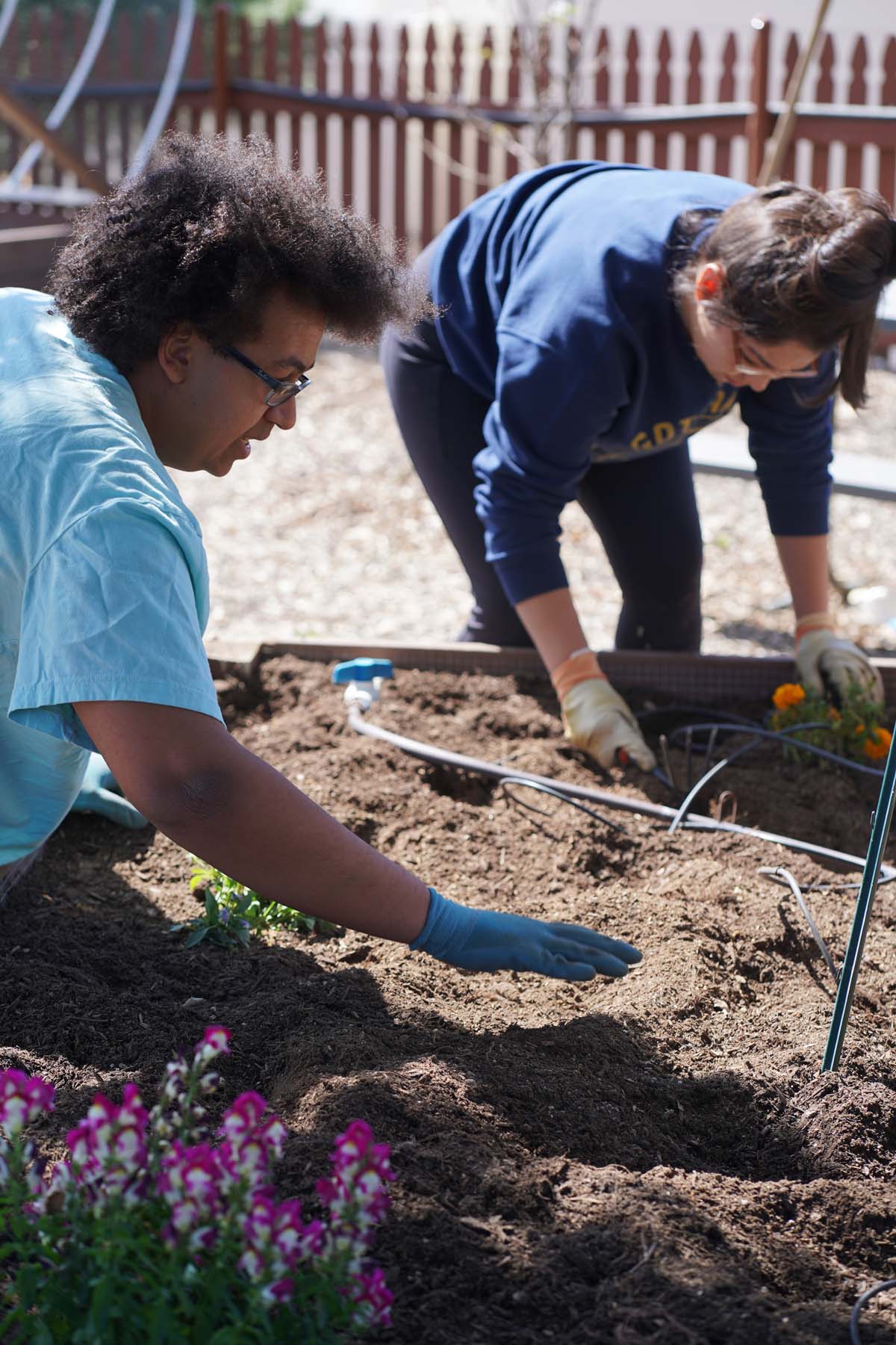 Students attend the planting party at the CHC garden.