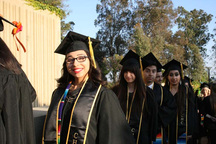 Students on walkway at Commencement