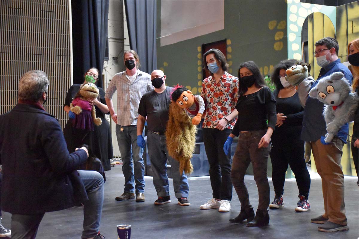 Performers at an Avenue Q rehearsal