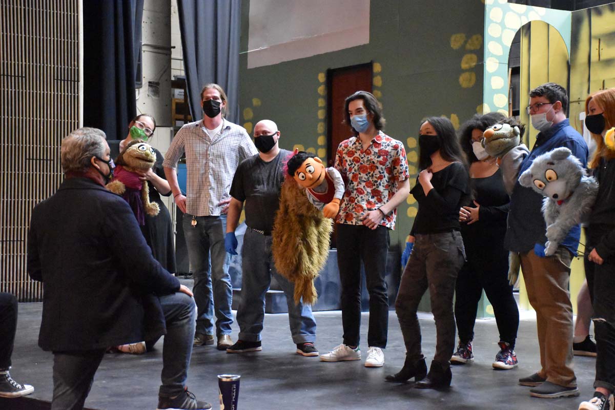 Performers at an Avenue Q rehearsal