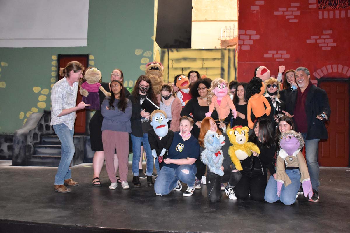 Performers at an Avenue Q rehearsal