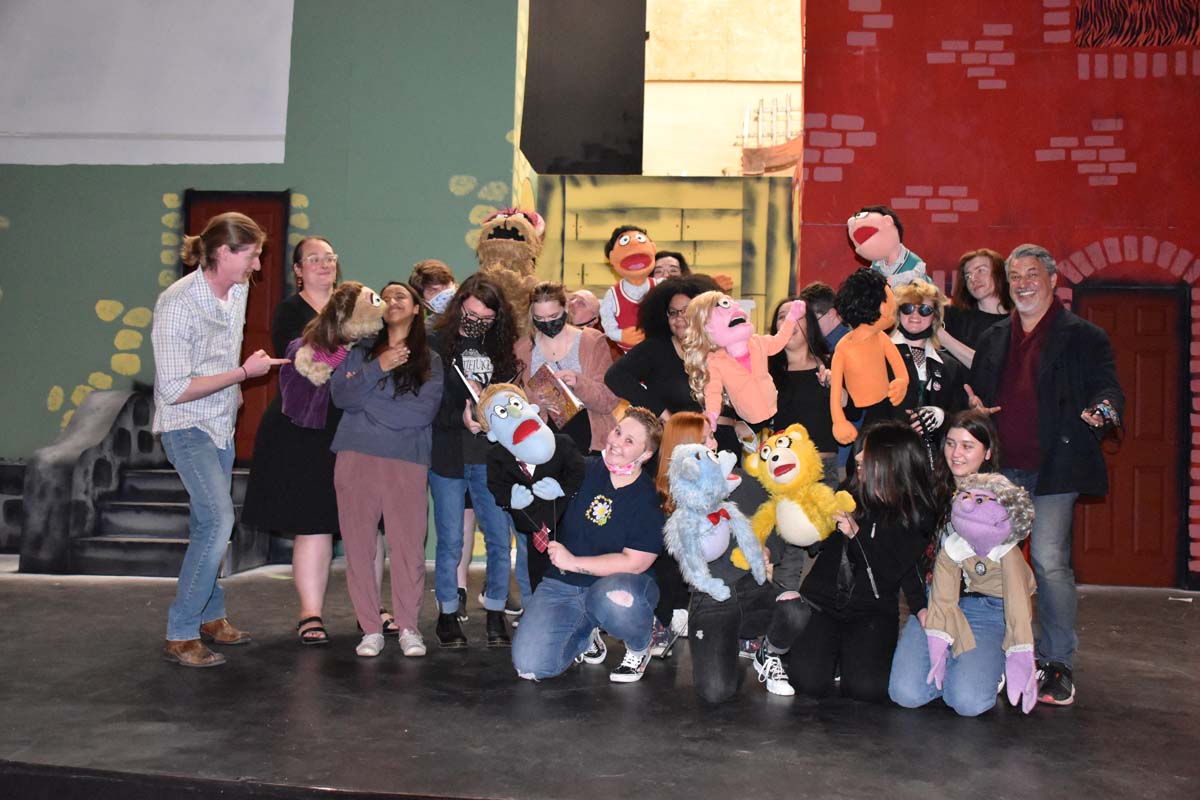 Performers at an Avenue Q rehearsal