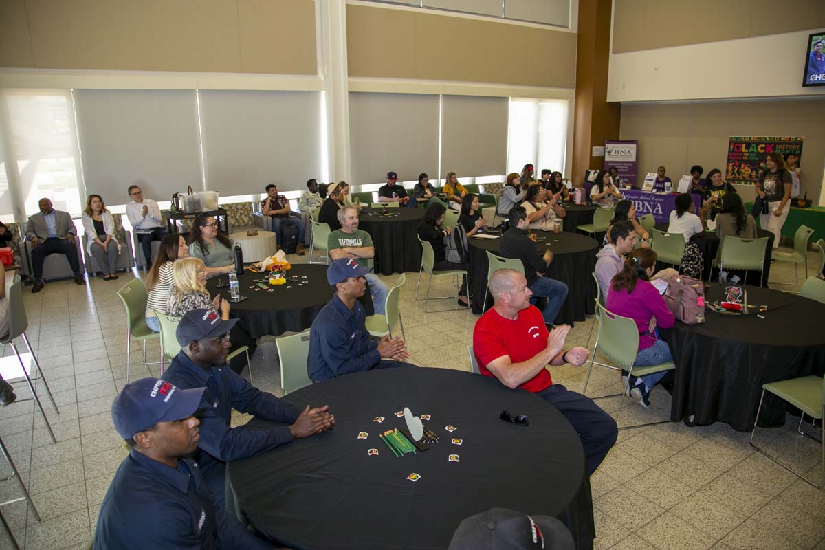 Group line dancing after speaker