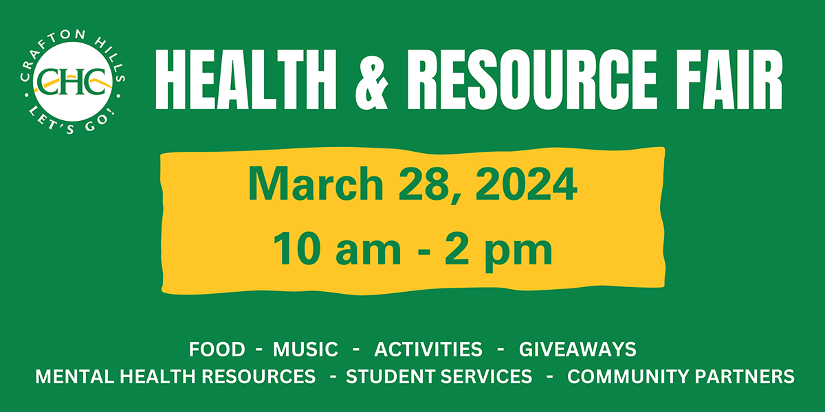 Health and Resource Fair March 28, 2024, 10 a.m. - 2 p.m. Food. Music. Activities. Giveaways. Mental Health Resources. Student Services. Community Partners.