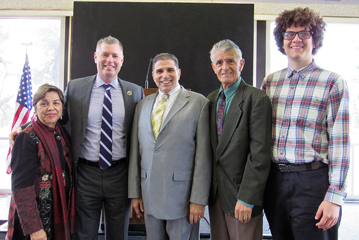 Kevin Horan (second from left), ninth president of Crafton Hills College, is welcomed by SBCCD Trustee Gloria Macias Harrison, Chancellor Brue Baron, SBCCD Trustee Frank Reyes, and CHC Student Trustee Elijah Gerard.