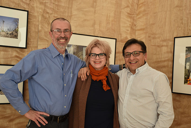 Thomas McGovern, Renée Azenaro and Juan Delgado pose in the CHC Art Gallery, now showing i.e. vistas, through February 15.
