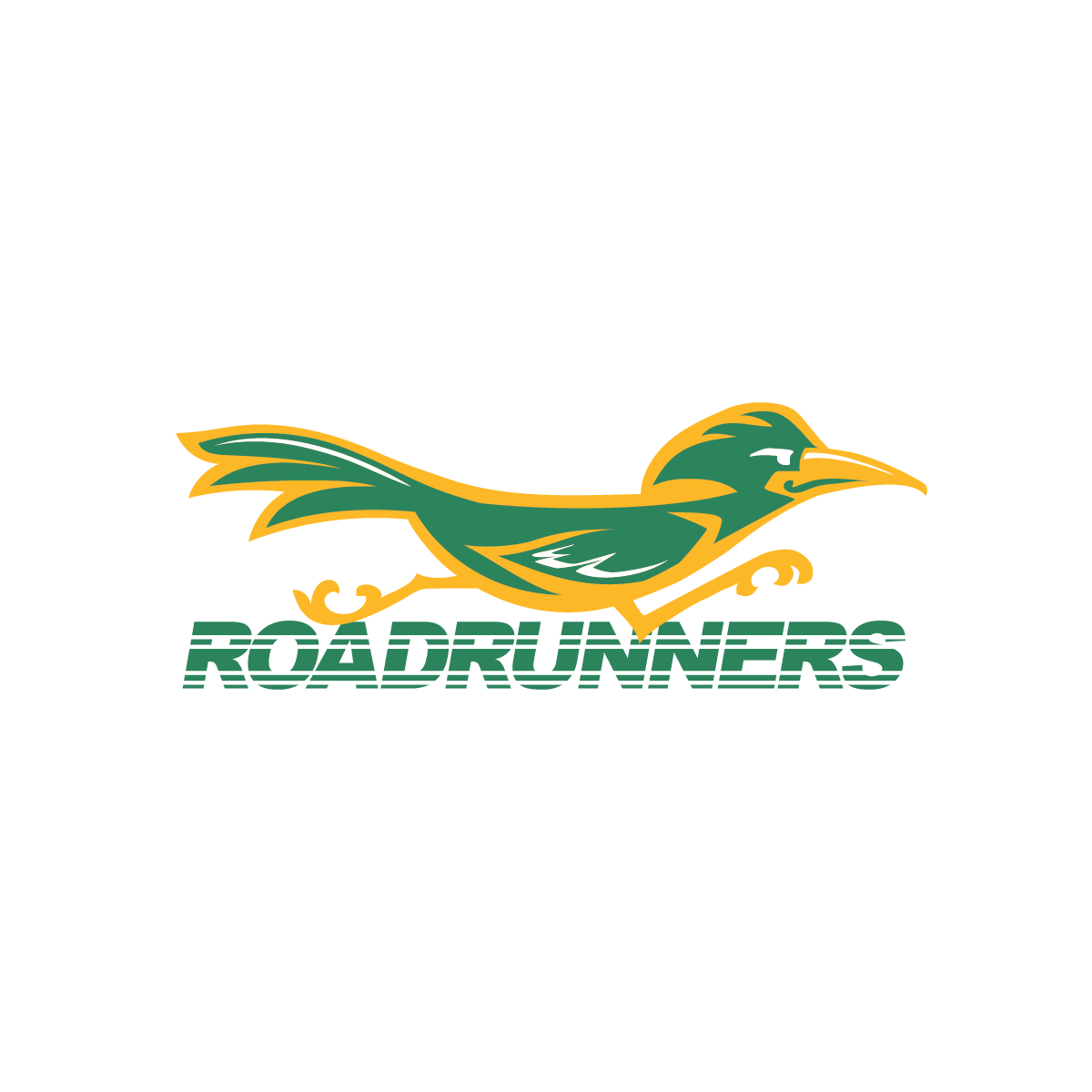 Athletics mascot with the word "Roadrunners" - color with no background color behind text