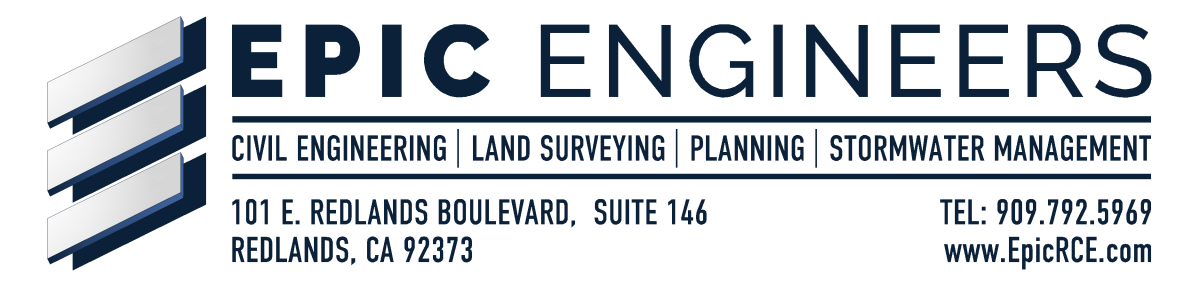 Epic Engineers: specializing in civil engineering, land surveying, planning, and stormwater management. Location: 101 E. Redlands Boulevard, Suite 146, Redlands, CA 92373. Contact Number: (909) 792-5969. Website: www.EpicRCE.com