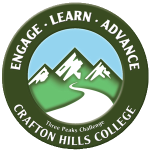 Crafton Hills College Three Peaks Challenge Logo. Engage - Learn - Advance