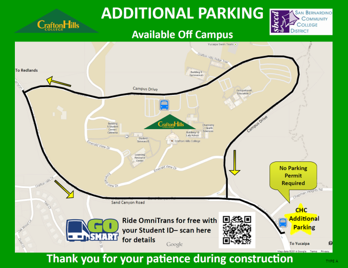 Additional Parking available off-campus.  No Parking permit required.  Ride Omnitrans for free with your Student ID.